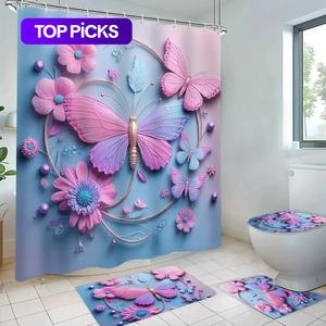 pastel butterfly & flower pattern shower curtain set, 4 counts/set including bathroomcurtain & bath mat & u-shape mat & toilet cover, bathroom decor supplies with hooks, pink series home goods, decoration, bathroom accessory, waterproof shower curtain
