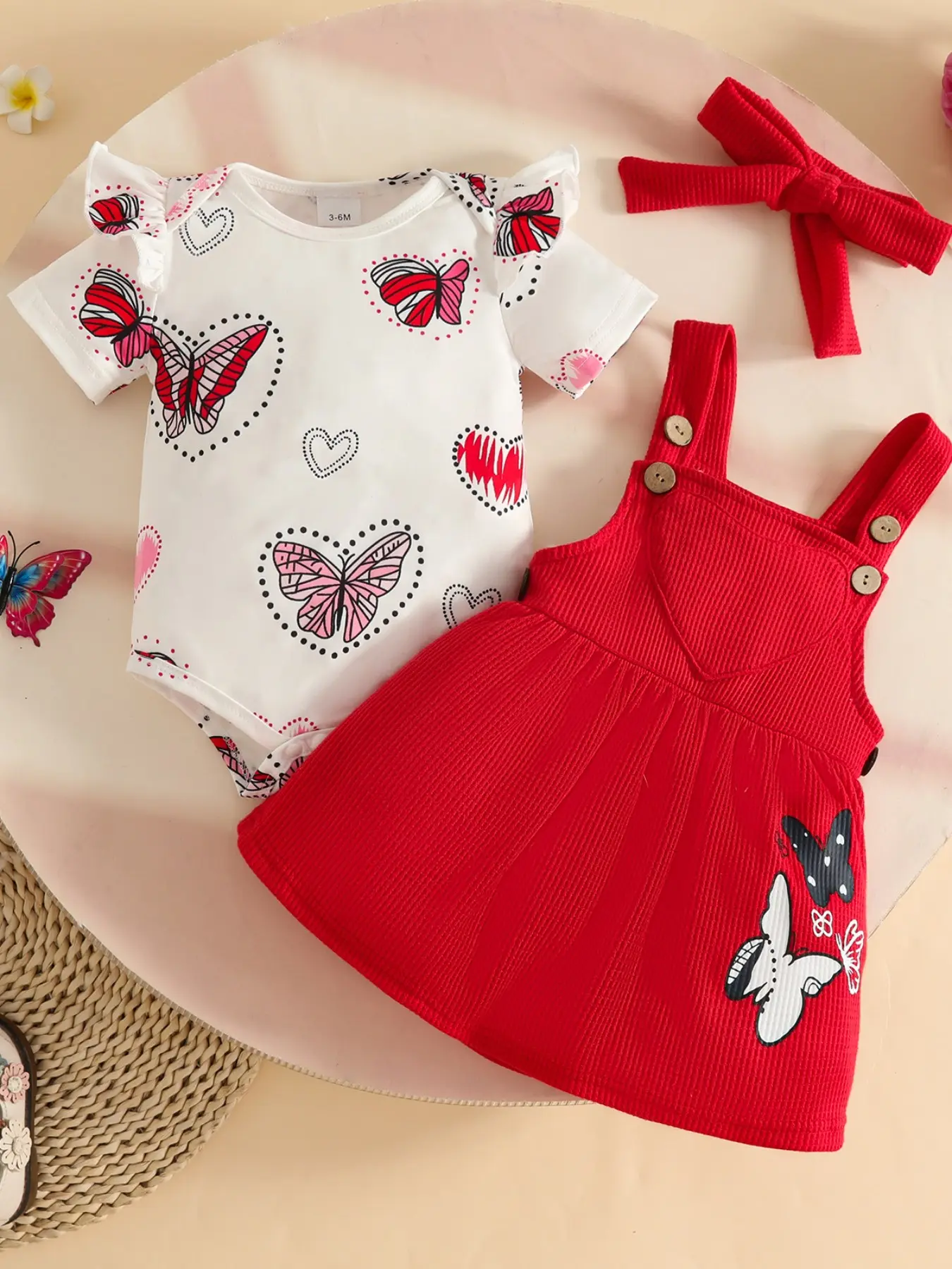 2-Piece Baby Girl Summer, Short Sleeve Butterfly Pattern Dress Set, Cute Slim-Fitting Baby Clothing for 0-1 Year Olds