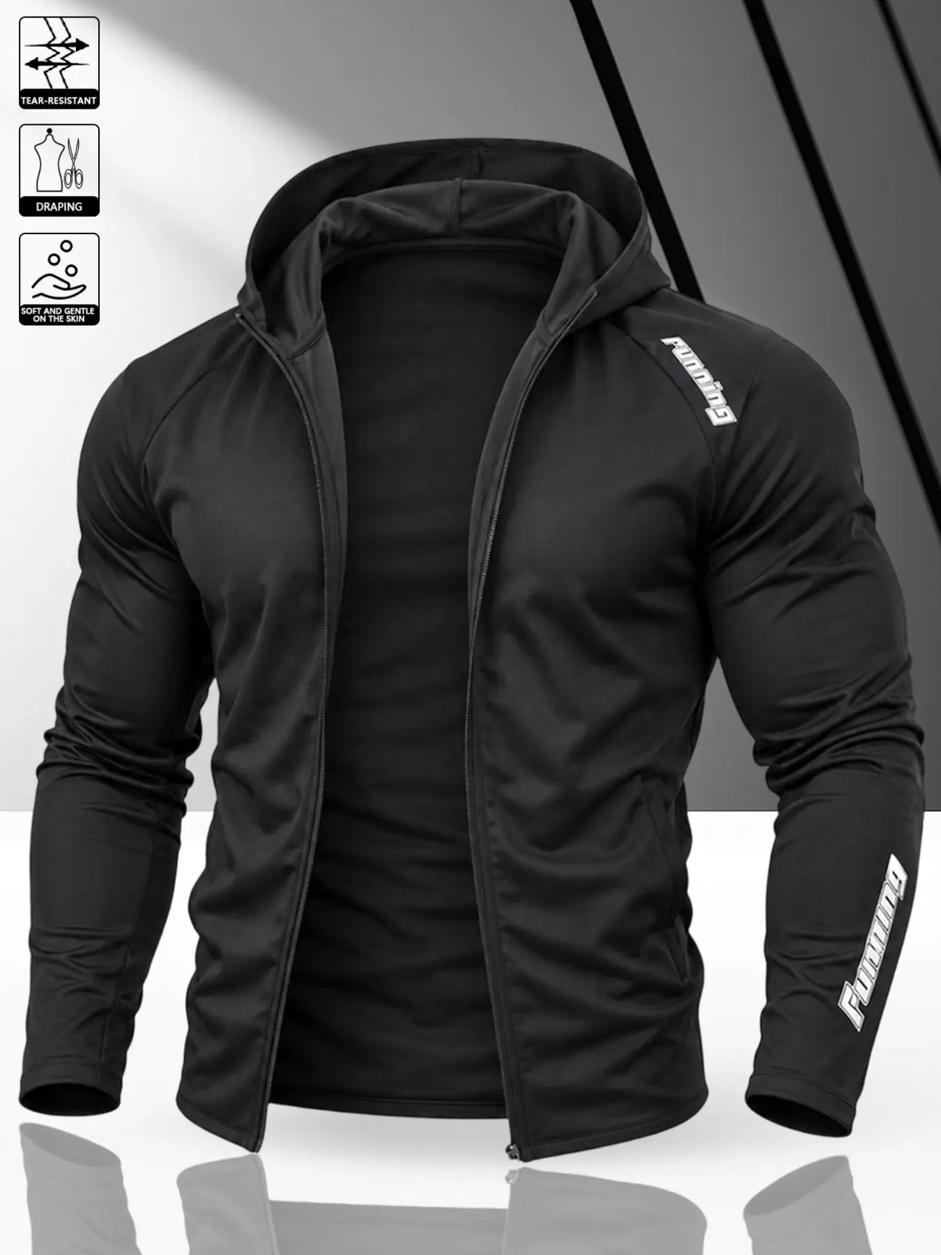Men's Running Jacket with Vertical Zipper, Letter Print, Side Pocket, Straight Fit, Urban Casual Style, Ideal for Jogging and Commuting