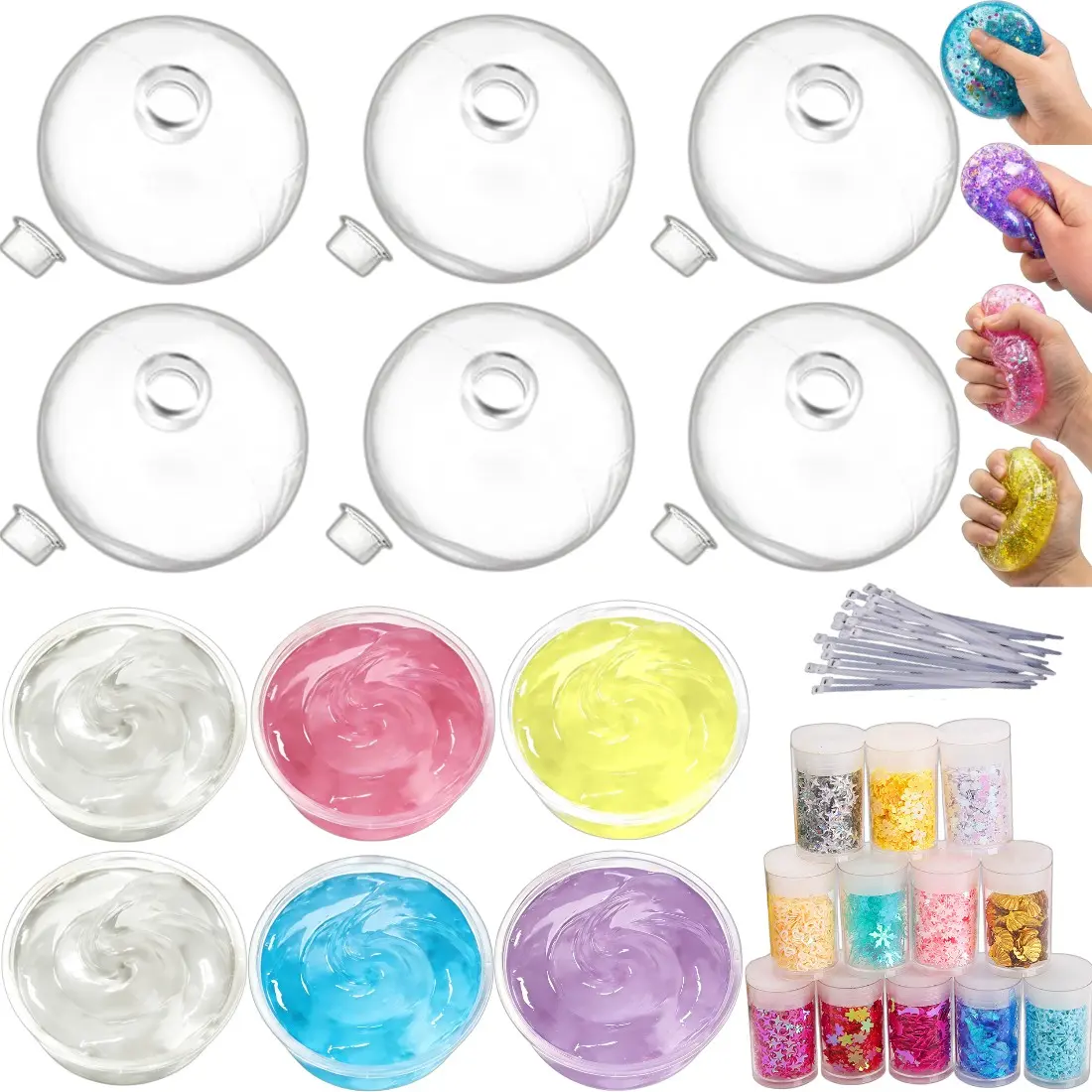 Squishy Ball Kit Making Set, Includes 6 Slime Boxes, 12 Color Glitter, 6 Blank Spheres, Plastic Tie, Expansion Tool, Adult Stress Relief