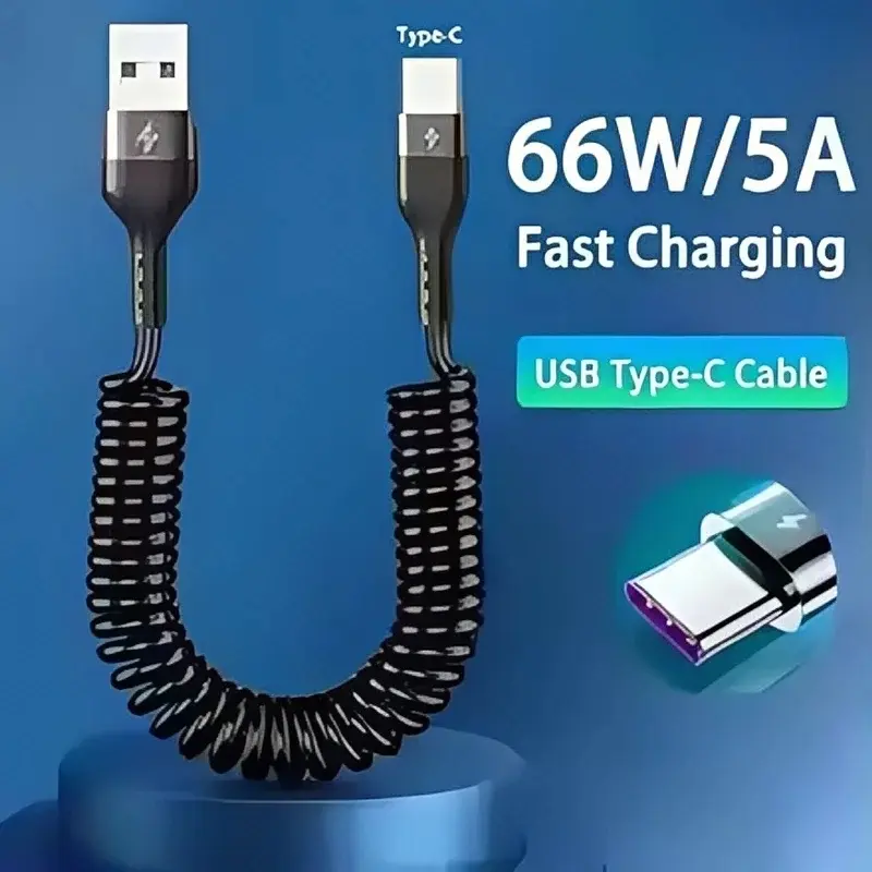 66W 5A Super Fast Charging Electronic Cellphone Cable USB C to C/USB A to C - Spring Coiled Type-C Cord for Xiaomi/Huawei/OPPO/Phone Car Charger