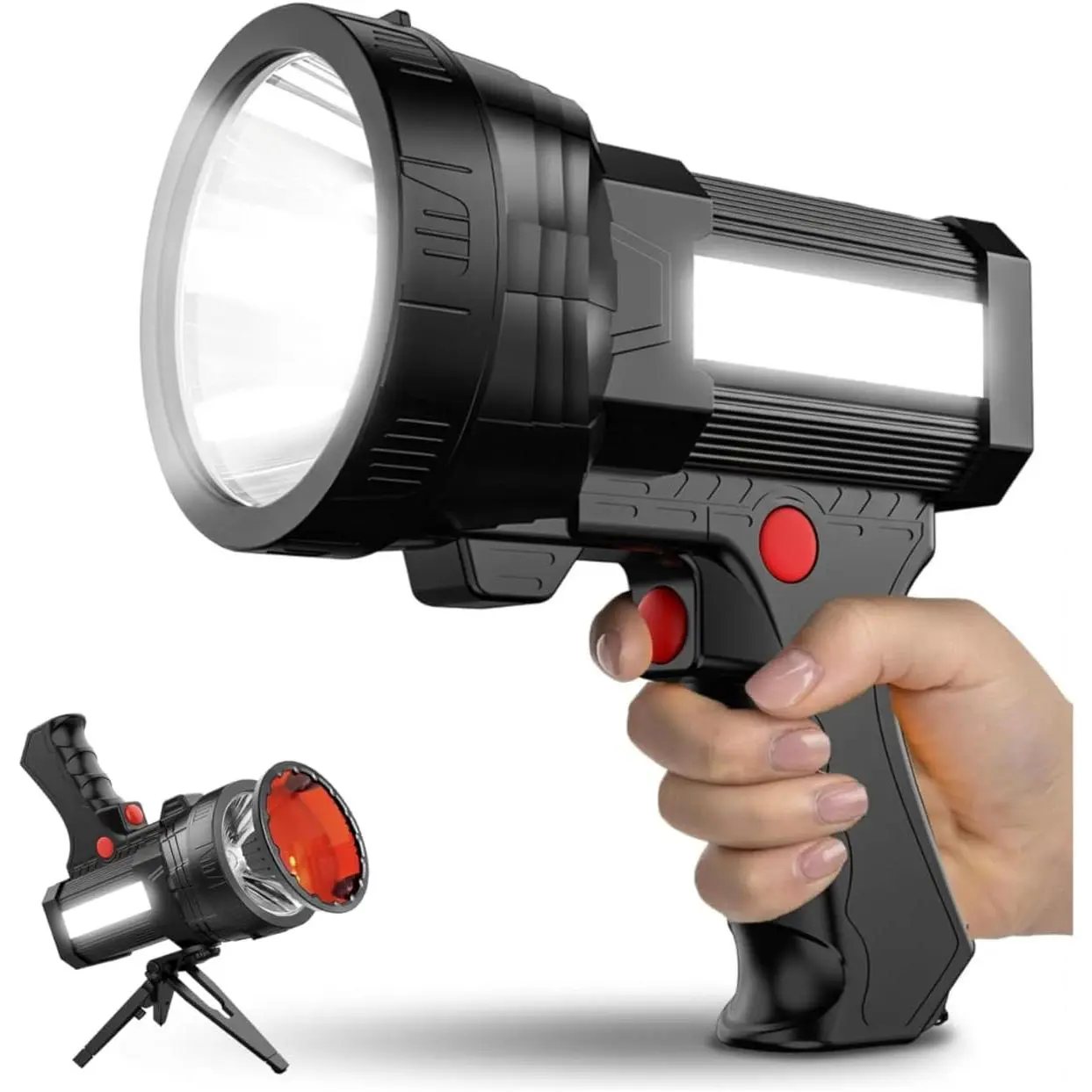 Rechargeable Spotlight,100000 High Lumen LED Flashlightv with COB Flood Light, Built-in 10,000 mAh Li-Ion Battery for Patrol, Working, Hunting, Red Lens and Tripod