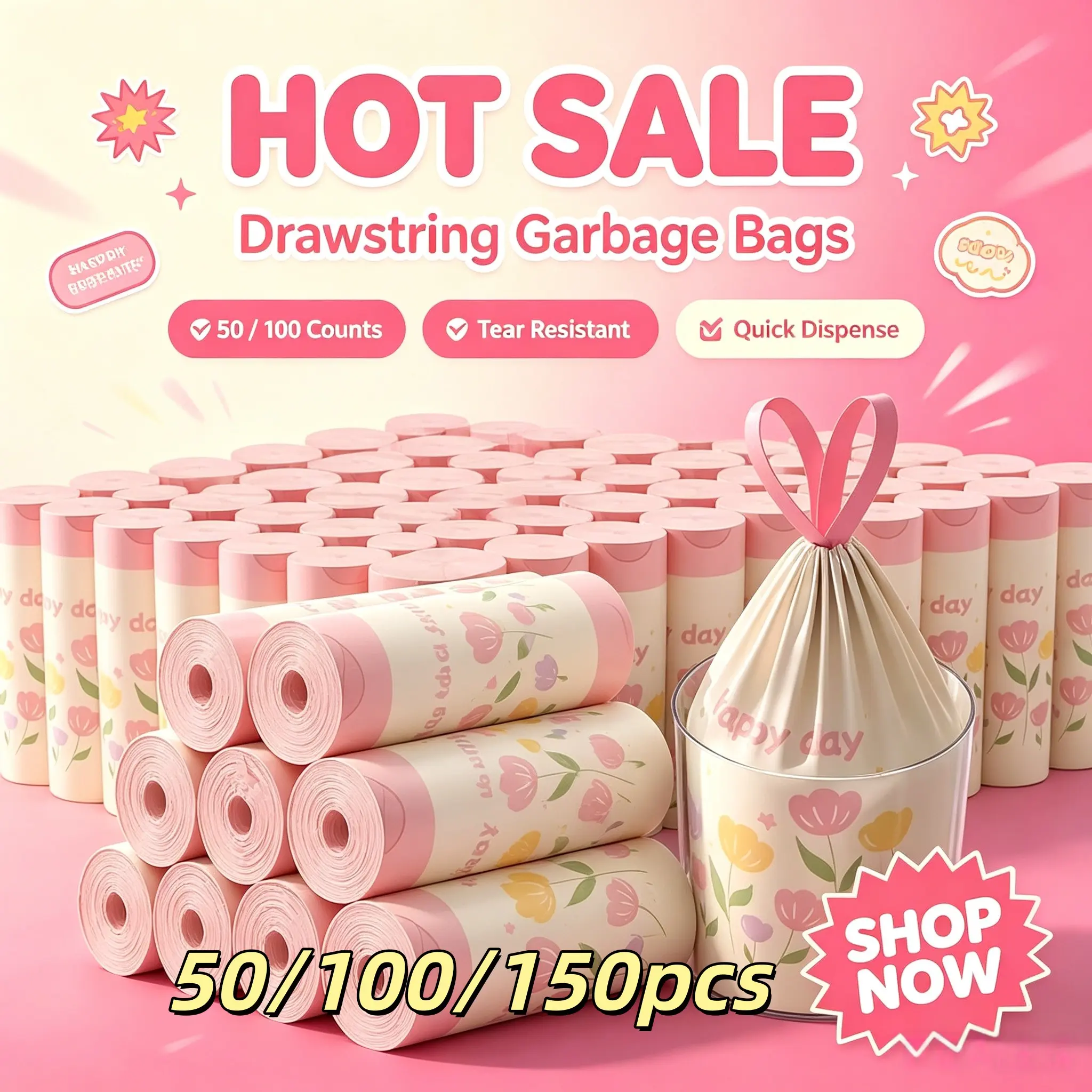 Lavender Scented Thick Large Drawstring Trash Bags, 50/100/150 Count, 13 Gallon, Multi-Purpose, Tear-Resistant, Kitchen, Bathroom, Bedroom, Living Room