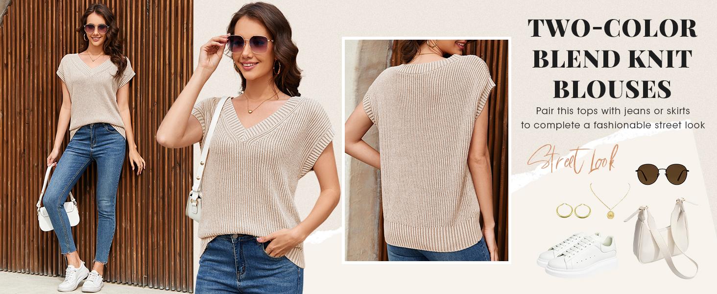 Saodimallsu Womens V Neck Short Sleeve Sweater Summer Lightweight Cap Sleeve Casual Loose Knit Pullover Tank Tops Knitwear
