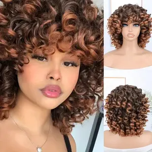 Big Bouncy Fluffy Curly Wig Synthetic Heat-Resistant with Bangs For Women 1BT30 14 Inch Chemical Fiber Wig with Bangs Ideal for Daily Wear Easy to Put On and Beginner-Friendly
