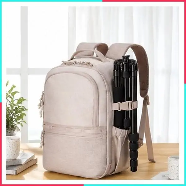 2 in 1 Small Camera Backpack for DSLR, Fits 12.9" iPad, Beige
