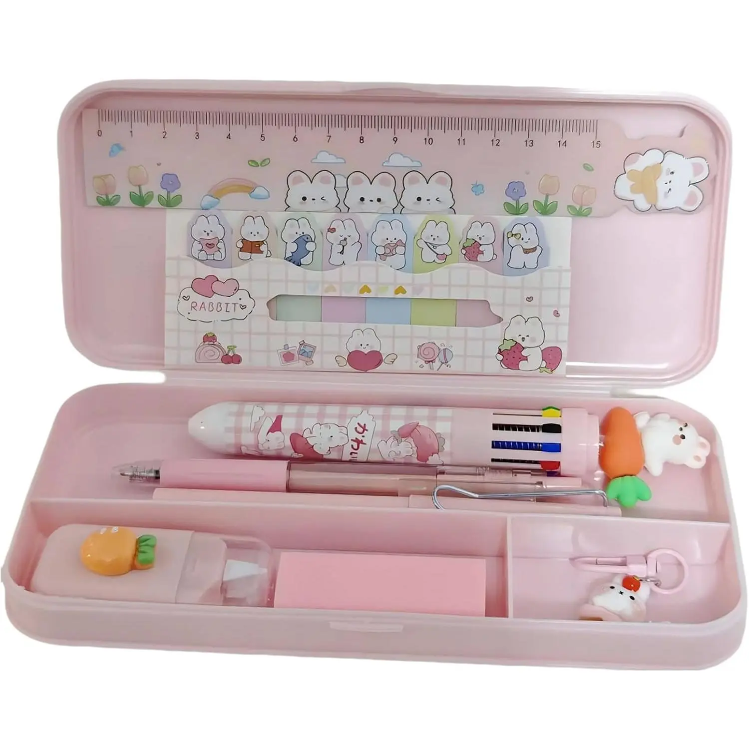 9 count Cute  Stationery Set Carrot  Kawaii Office Supplies Including Pens Pencil Eraser Ruler Correction Tape Bunney  and sticky notes