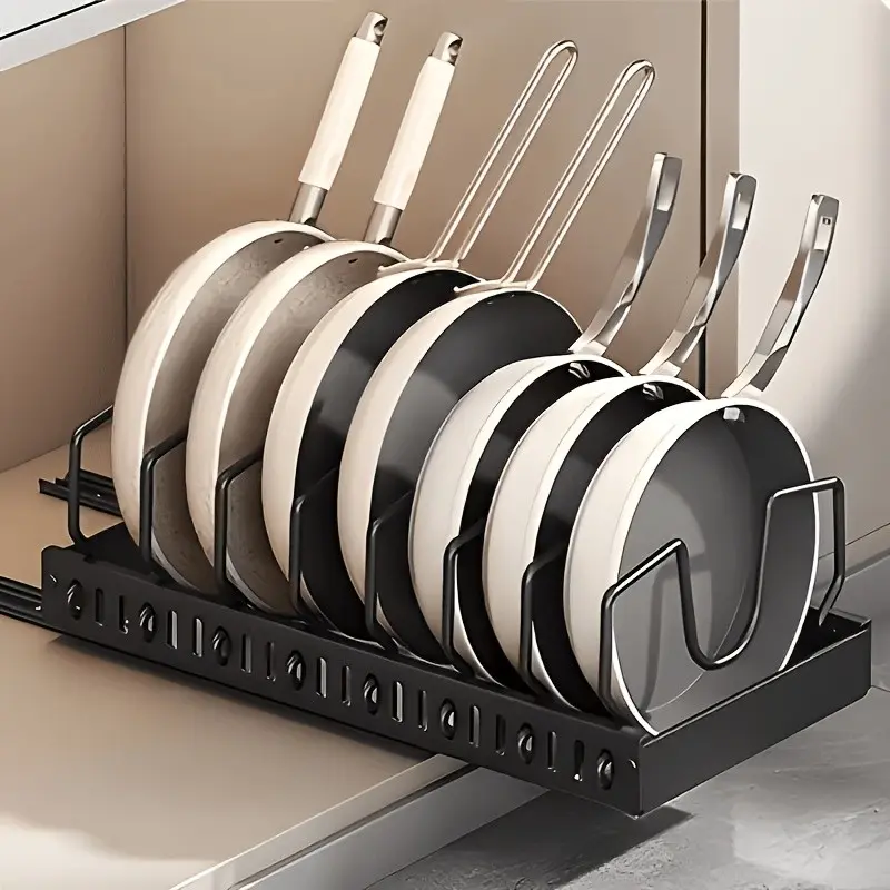Under-cabinet Pull-out Pot and Pan Organizer, Sliding Pot Lid Rack and Pan Rack for the Kitchen, Sliding Storage Box for Inside Cabinets, Can Store Pot Lids, Baking Utensils, and Plates, with Adjustable Dividers, Kitchen Decor and Accessories