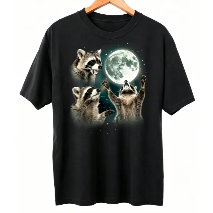 Unisex Oversized Comfort Cotton Graphic T Shirt Three Raccoons Reaching For Full Moon Starry Night Vintage Wildlife Printed Craft Cute Fashion Casual Outfit Soft Breathable Summervibes Top Perfect Birthday Holiday Gift For Men Women Raccoon Lover Forest A