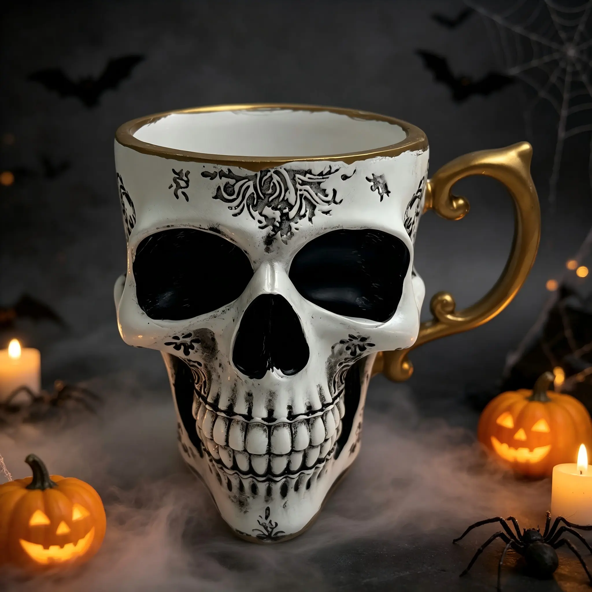 Skeleton Coffee Cup Halloween Resin Sculpture Ornament, Gothic-style Skeleton Cup Statue Ornament, ideal for home bar décor, and a unique gift for men who love horror themes, Spooky