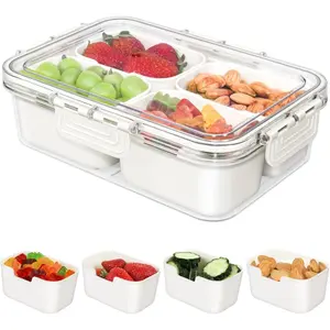 1pc-4 Compartment PP Container, Transparent Snack Box with Lid and Handle, Portable for Fruits, Candies, Nuts, Dishwasher Safe