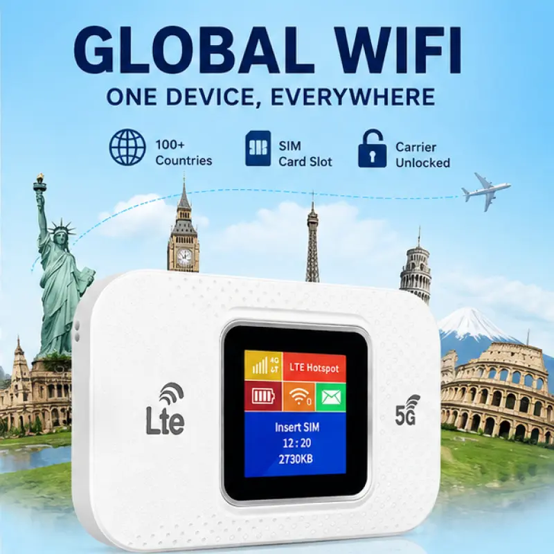 Portable 5G LTE Mobile WiFi, Cellular Hotspot Built in 3000mAh Battery Dual SIM Slot 2.4G 5G Dual Band Color LCD Screen Global Travel Router Support 180 Countries Connect 100 Devices Private Encrypted WiFi For Business Trip Camping Hotel Use