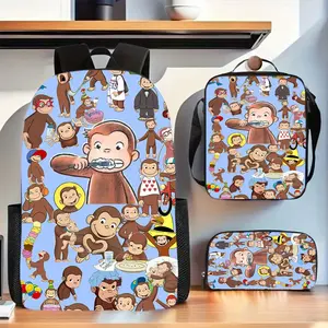 3pcs /Teen & Monkey Print & Appliqué Backpack Set - Bookbag with Laptop Compartment, Adjustable Straps, Lightweight Travel, Hand Washable, Ages 14+ (Suitable for for secondary education & daytrips)