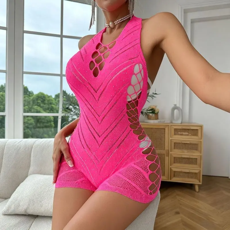 Women's Basic See-Through Rhinestone Hollow Bodystocking - Plussize Fashion Lingerie Accessory, Bodysuit Bodystocking, Hollow Back Bodysuit, Funky, Peppy, Lingerie Set, Glamorous, Baroque, Polyester Clothes