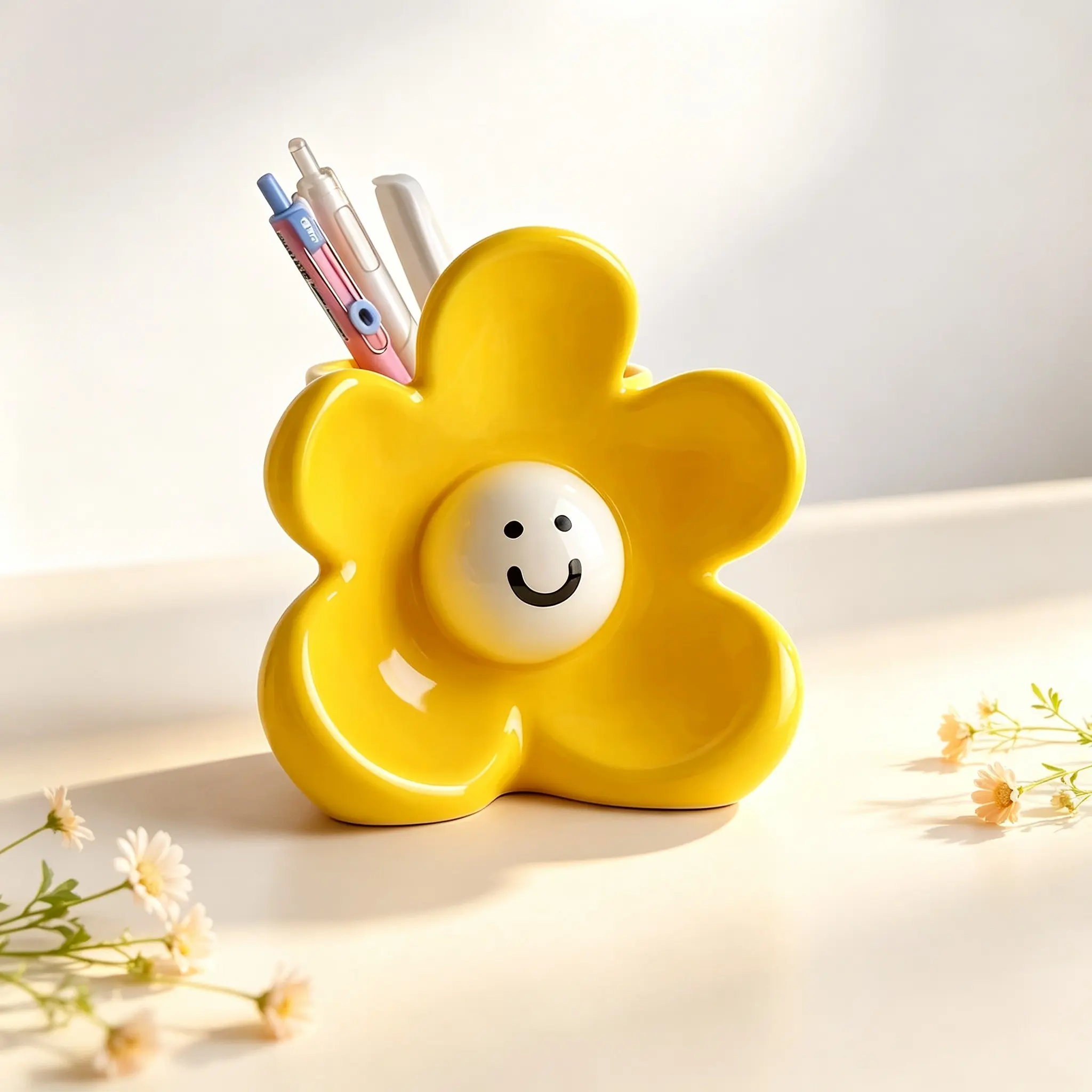 Smiley Face Flower Ceramic Pen Holder & Mini Vase, Cute Sunflower Statue, Multifunctional Glossy Pencil Cup, Desk Organizer, Ideal Gift