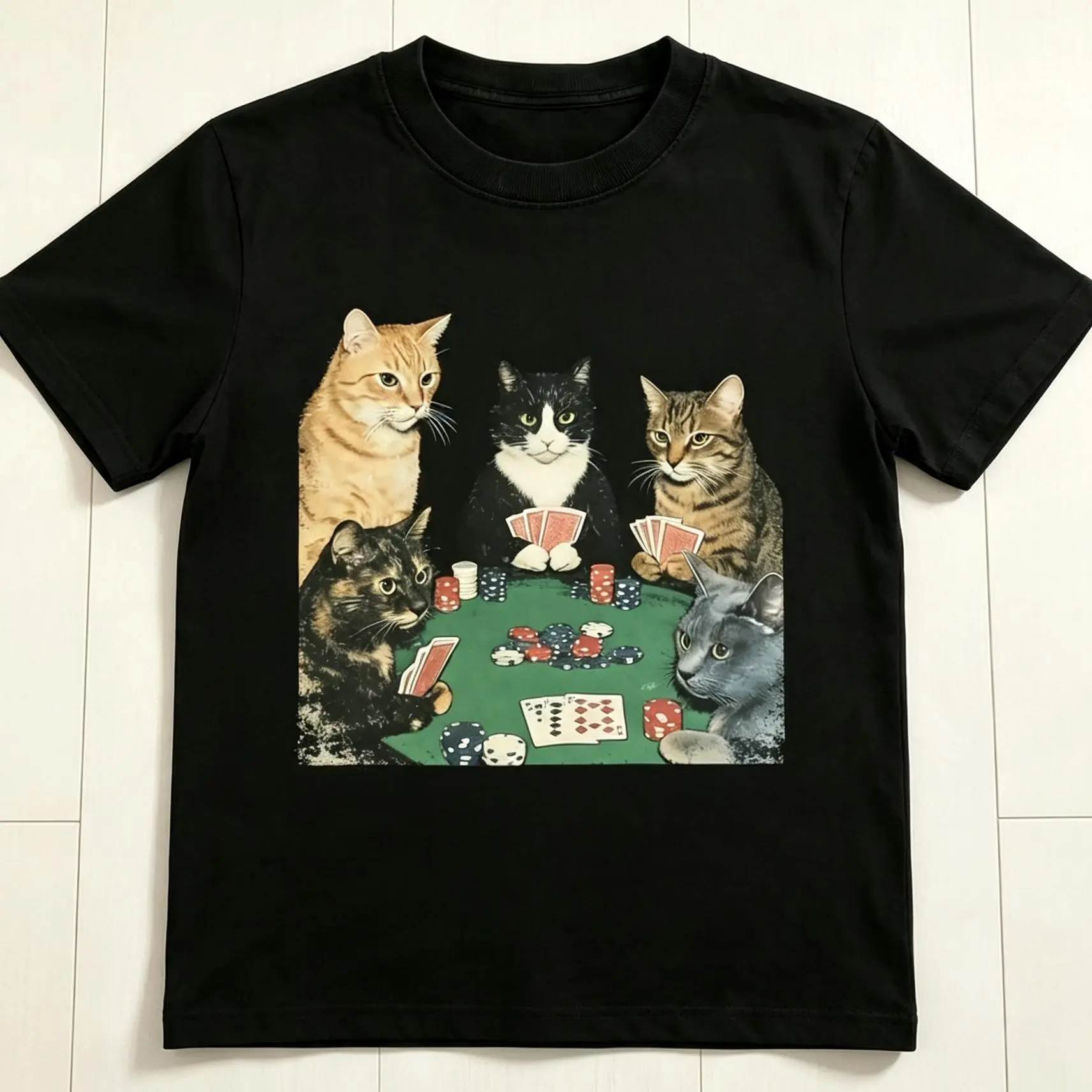 Vintage Cats Playing Poker Retro Art Graphic Print Short Sleeve T-Shirt, Unisex Summer Vacation Back To School Cat Lover Casual Tops For Game Night Daily Outfit, 100% Pure Cotton Printed Craft Summervibes Tee, Soft Breathable Relaxed Fit Everyday Fashion