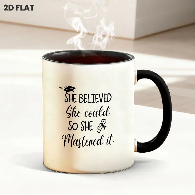 11oz White Ceramic Coffee Mug with Motivational Graduation Theme Print - "She Believed She Could So She Mastered It" Design with Grad Cap & Diploma Pattern, Perfect Daily Drinkware for Home & Office Use