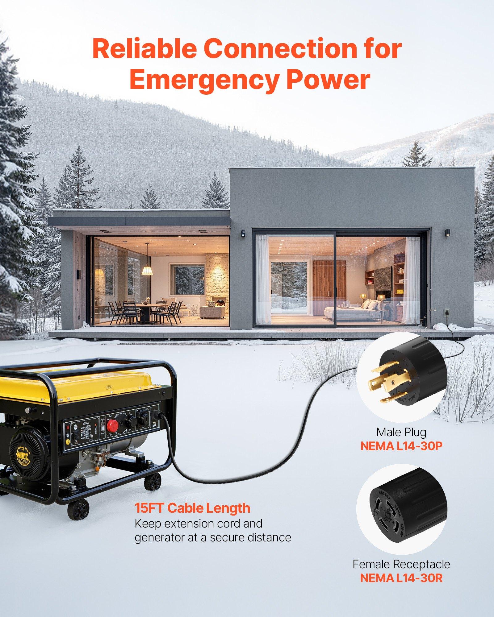 VEVOR 30 Amp Generator Cord and Power Inlet Box, 15 FT, 125/250V NEMA L14-30P to L14-30R Heavy Duty Extension Power Cord, SJTW 10 Gauge 7500W, Pre-Drilled Inlet Box, for Generator to House, ETL Listed