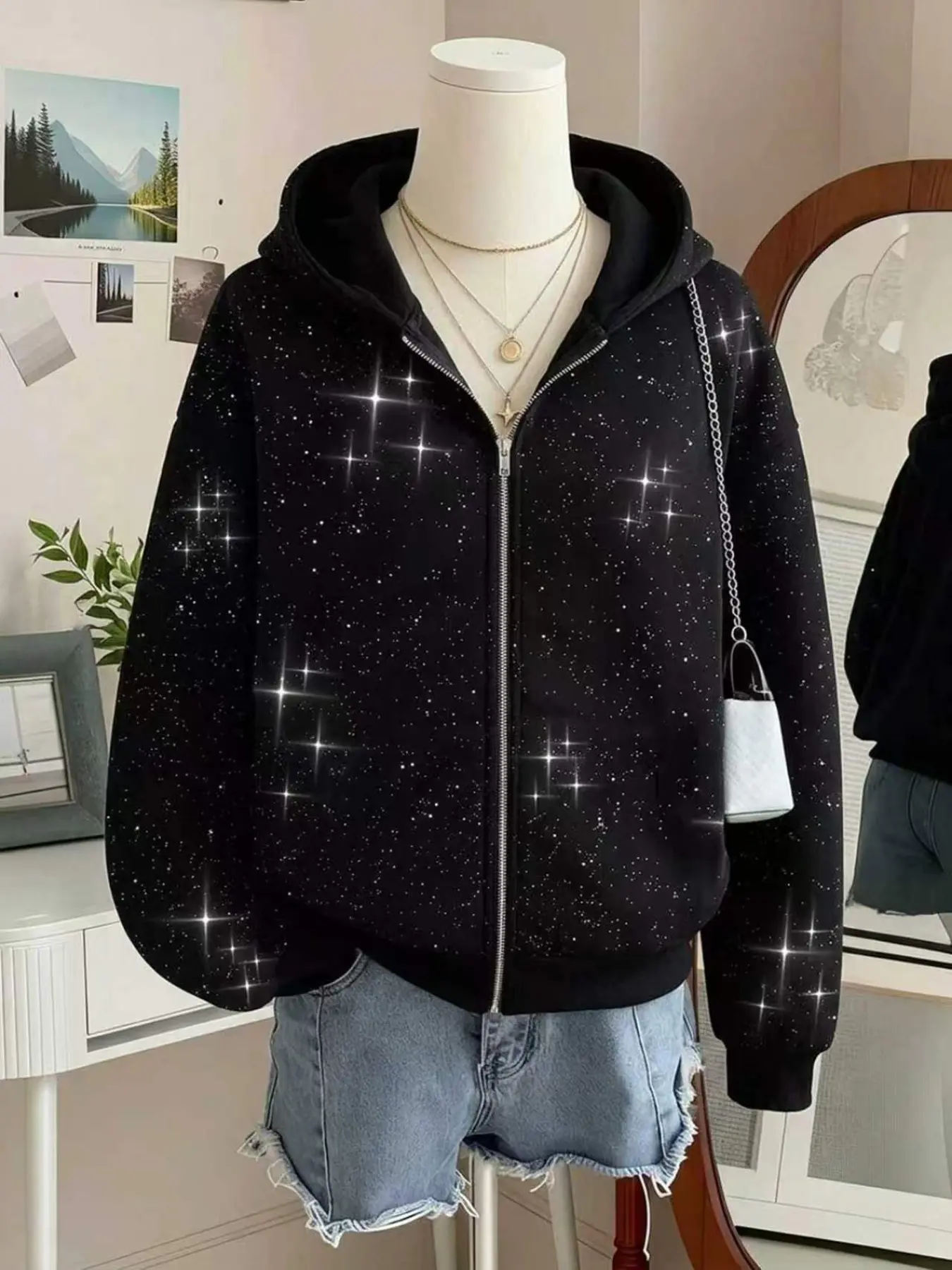 American Style Rhinestone Star Print Short Zipper Hoodie Women, Loose Full Star Open Front Coat, Y2K Trendy Top