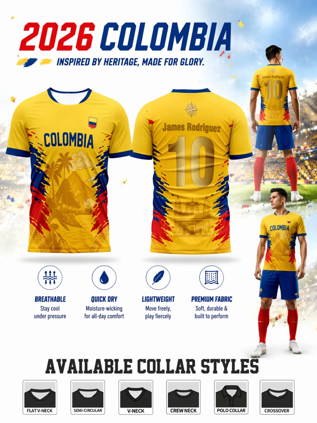 2026 Colombia Men's Football Jersey, Bright, Blue Lapel, Gradient Trim, Palm Tree Pattern, Quick-Dry Polyester, Sporty Style