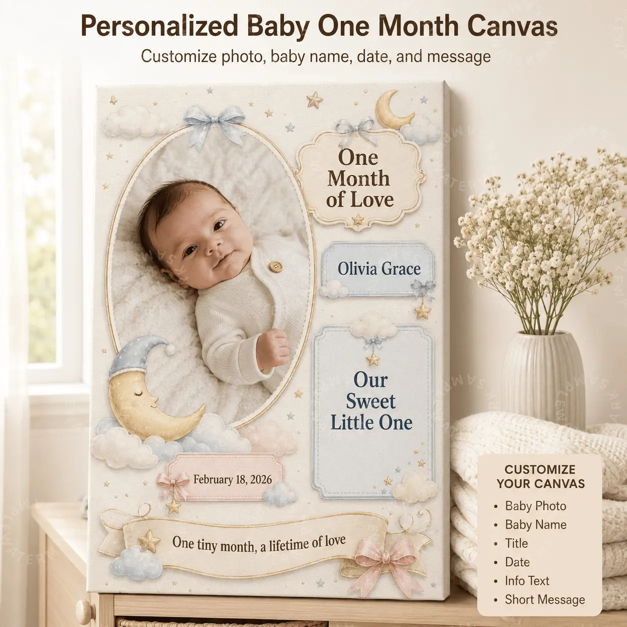Personalized 1-Month Baby Canvas - Custom Photo, Name, Date, Message Wall Art, Moon Cloud Star Nursery Aesthetic Poster, Newborn Milestone Gift, Keepsake Home Decor wall decor posters