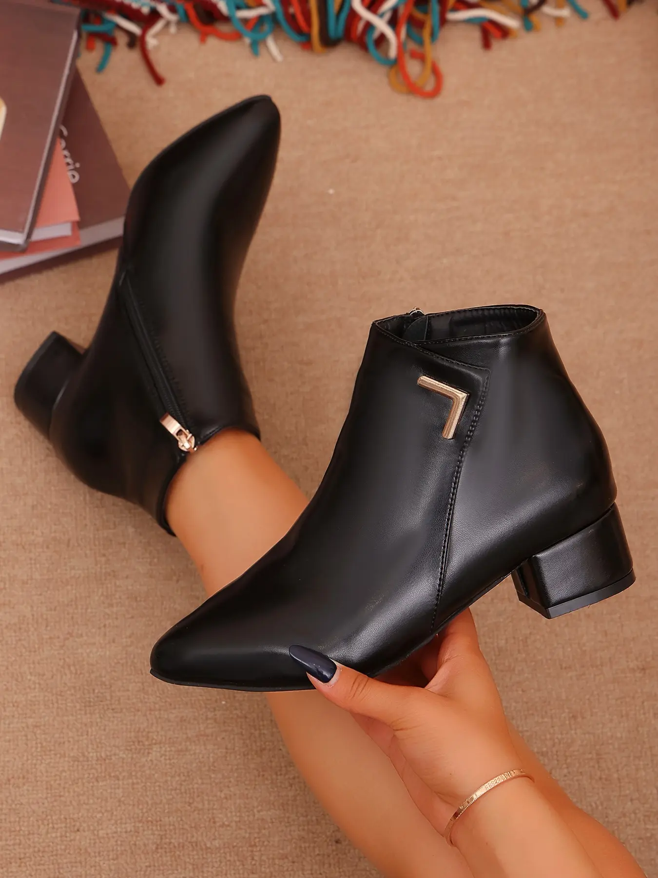 Women's Fall Winter Classic Pointed Toe Heeled Boots, Soft PU Leather, Side Zip, Metal Accents, Comfortable, Versatile, Slimming