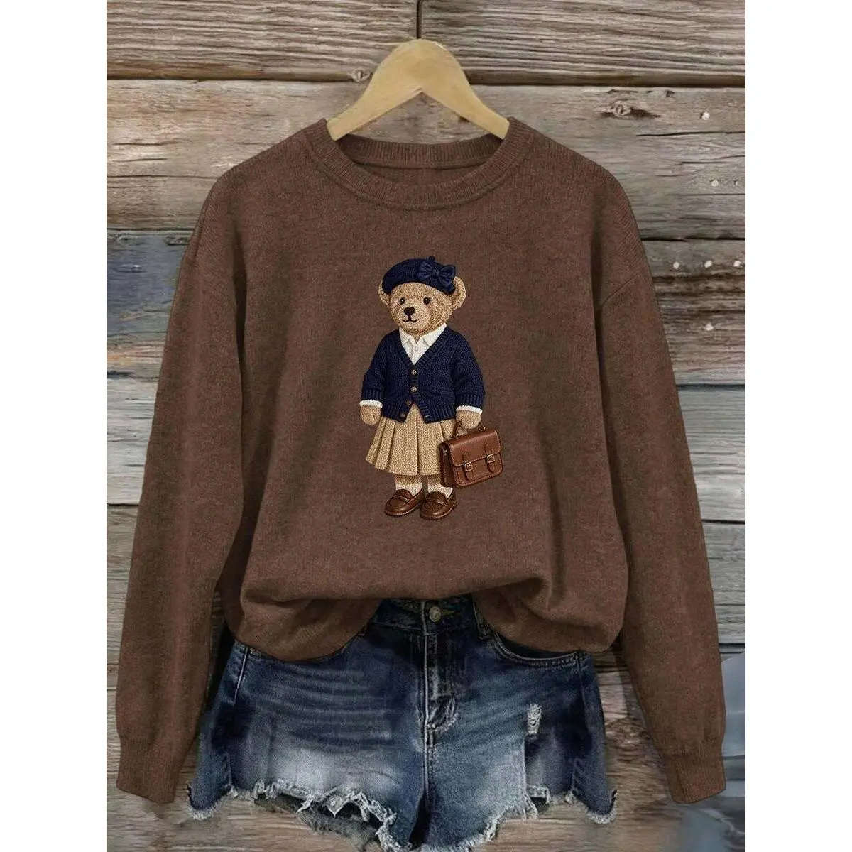 Women's Fall/Winter Long-Sleeved Casual Top, Retro Commuting Wind Bear, Bow College Teddy Bear Print, Cozy And Warm Imitation Knit Sweater.