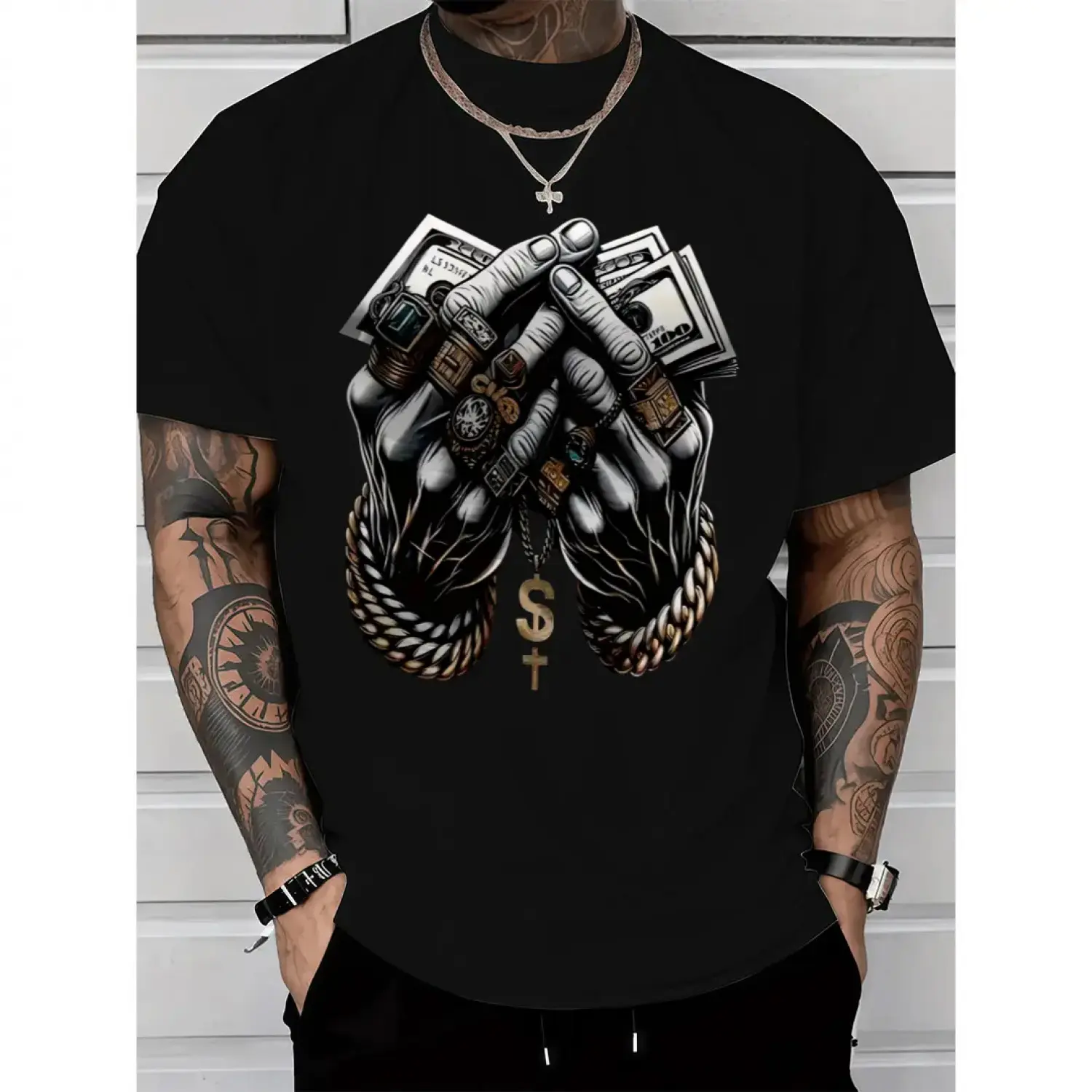 Streetwear T-Shirt for Men - Fitted Cotton Crew Neck with Dollar & Rings Graphic, All-Seasons Wear, Fast Shipping, Affordable Fashion, Casual, Custom Printed, Machine Washable, Shortsleeve, Fabric, Tops, Round Neck, Casual Apparel, Menswear, Tshirt, Tee