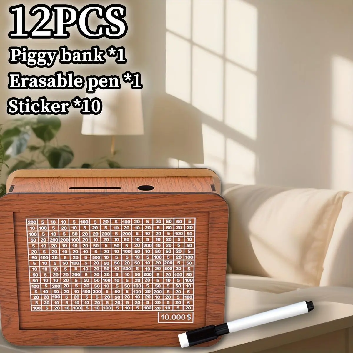 Vintage Wooden Piggy Bank - Light Brown PU Decor, Goal Slot, Number Slot, 10 Stickers, Erasable Pen, Waterproof, All Ages Home Decor & Financial Planner, Unique Halloween/Christmas Gift Single Set, Unique Gift For Halloween Or Christmas