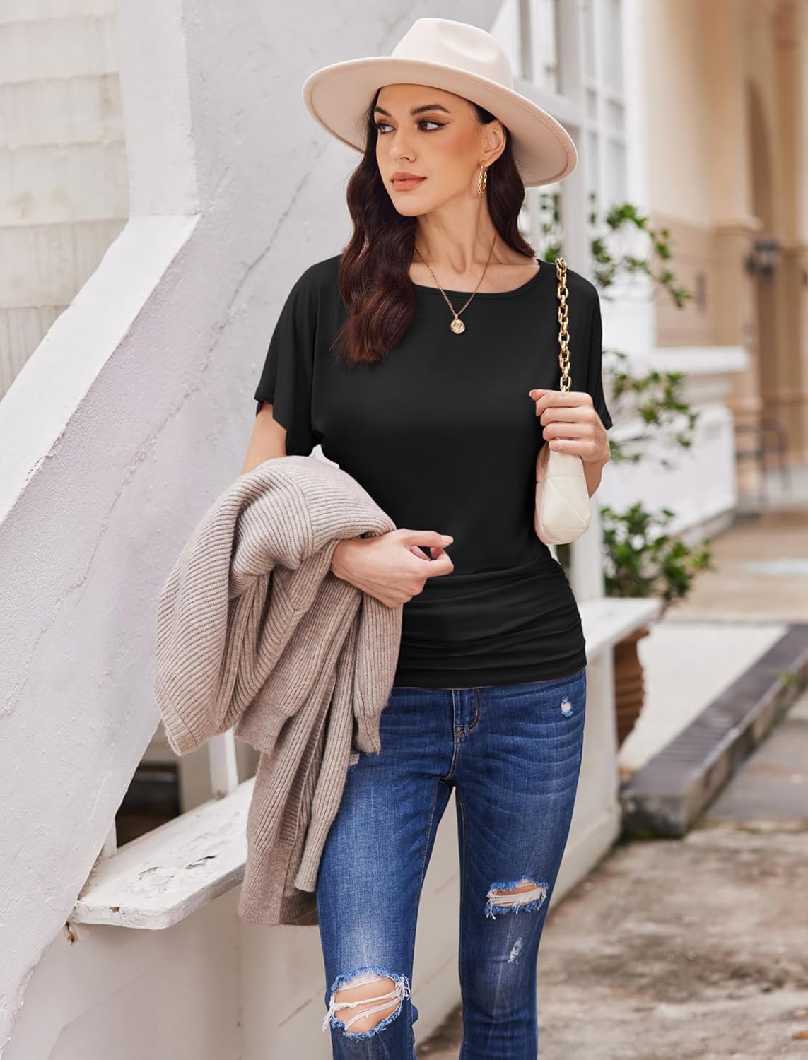 Womens Ruched Tops Casual T Shirts Dolman Short Sleeve Shirts Boat Neck Summer Off Shoulder Batwing Tops 2026