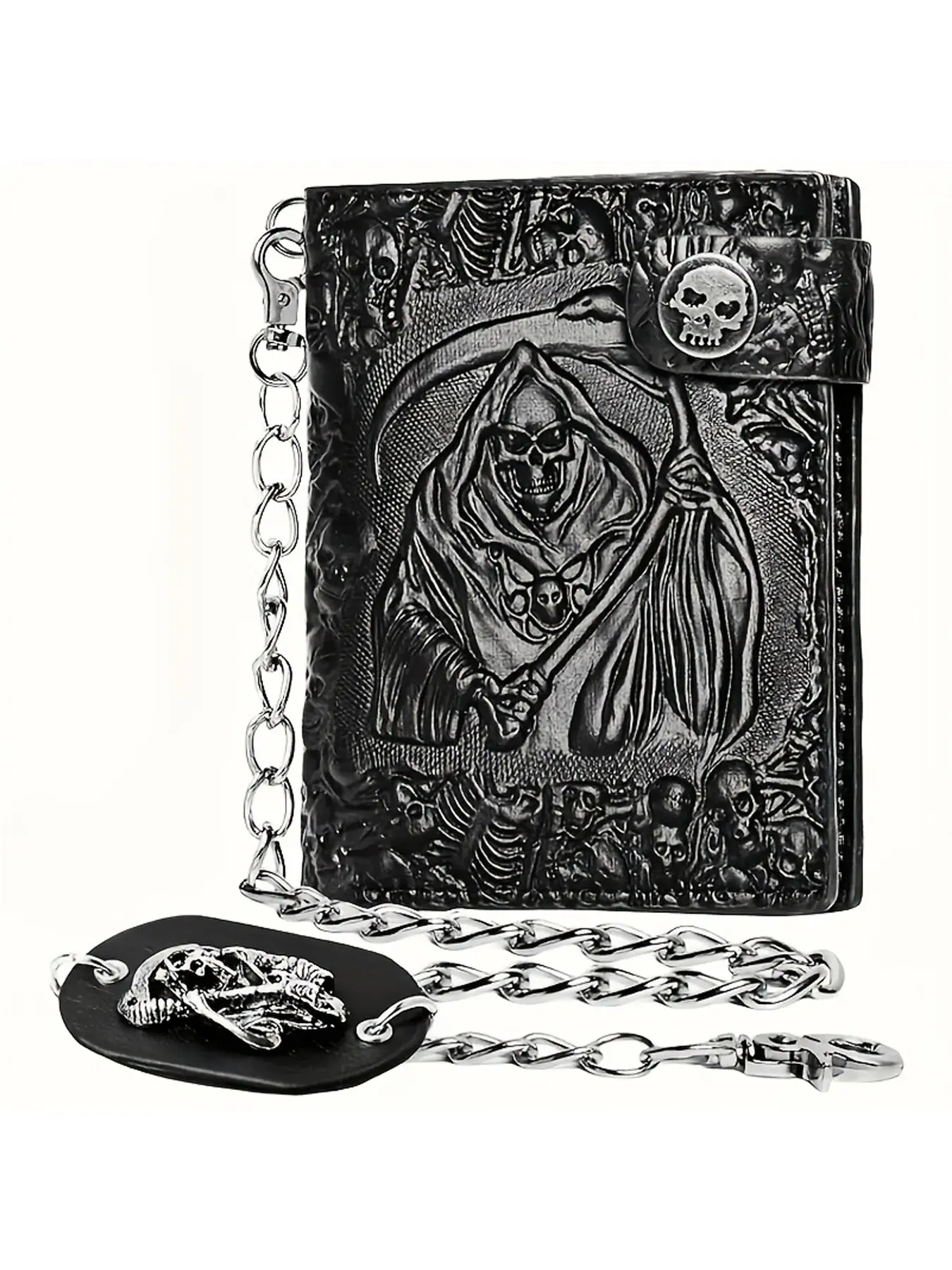 Wallet with Skull Gothic Chain Leather - Punk Bifold Halloween Goth Accessories | Unisex, Black