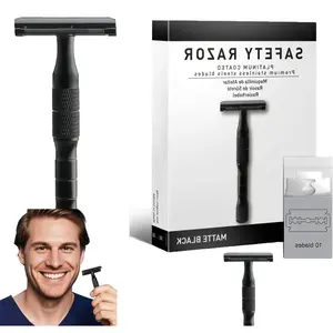 Matte Black Single Blade Safety Razor for Men, Manual DE Shaving Razor with 10 Platinum Coated Stainless Steel Double Edge Blades, Smooth Close Shave, Plastic-Free Sustainable Eco-Friendly Men's Grooming Razor