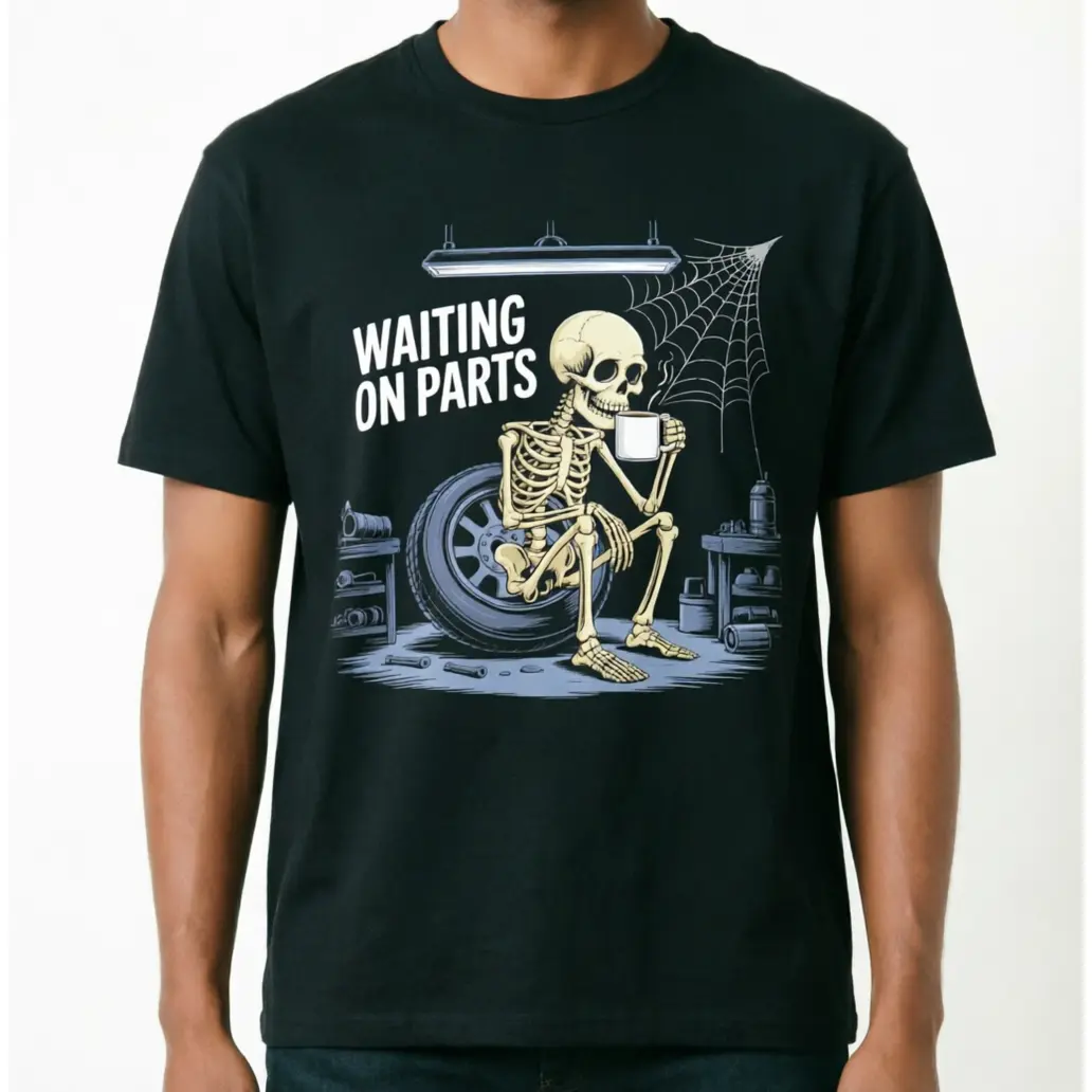 Funny Waiting On Parts Mechanic Skeleton Auto Repair Life Unisex Cotton T-Shirt Funny Graphic Black Tee Casual Summer Tops for Men Women humor gifts navy everyday skull comfortable classic vintage playful design trendy print streetwear short sleeve
