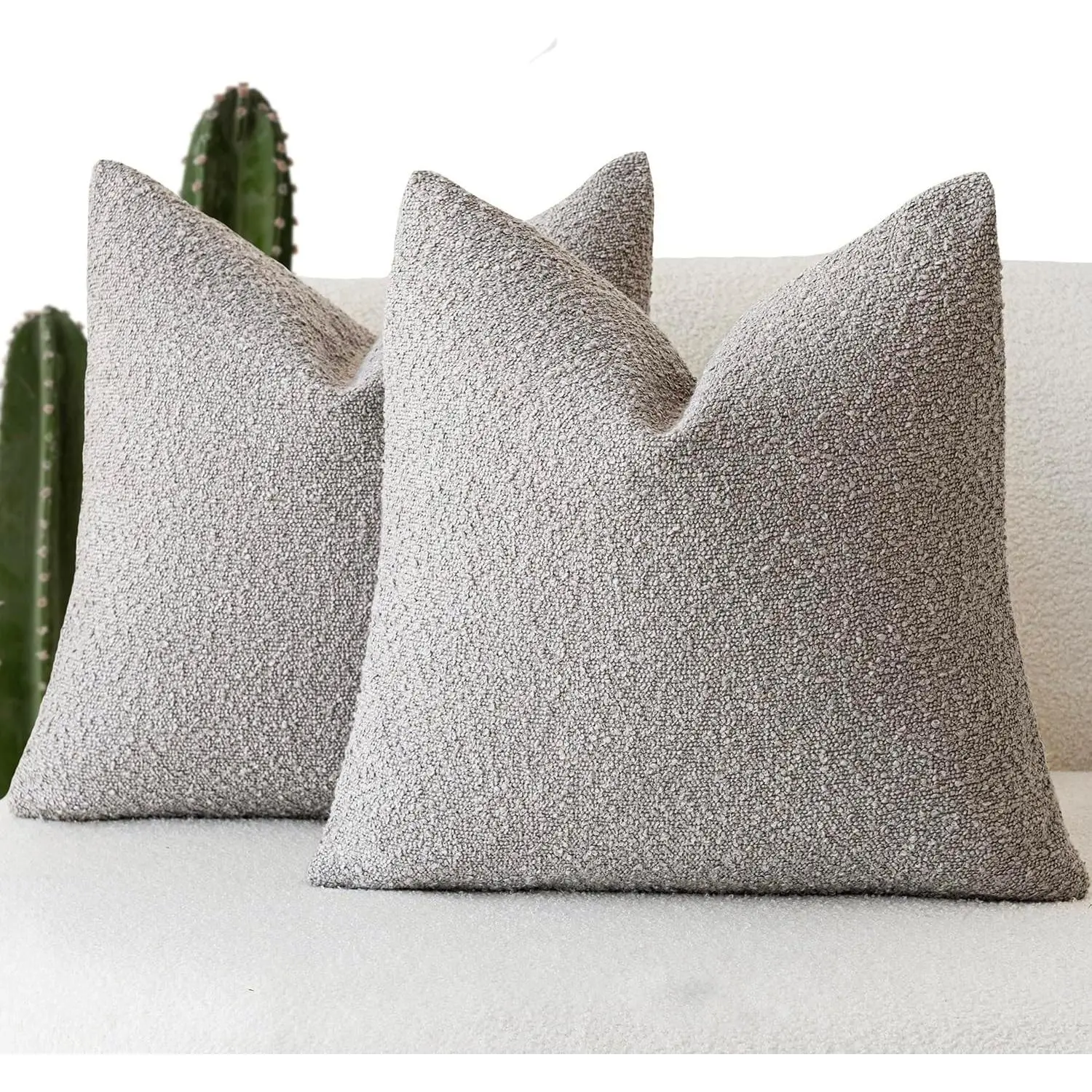 16 x 16 in Plain Solid Neutral Grey Casual Textured Boucle Cushion Covers (Set of 2) - Soft Cozy Couch Pillow Cases, Organic Coloration, Hand Wash Only for Living Room Home Decor