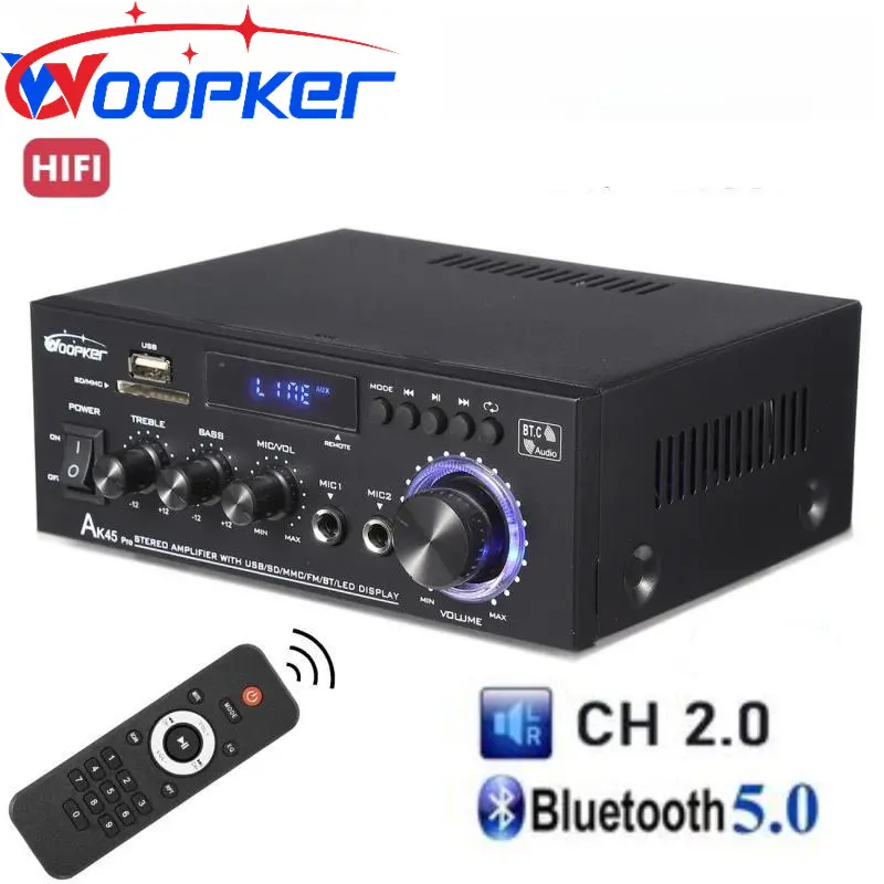 WOOPKER AK45 Pro 400W Bluetooth 5.0 Digital Wireless HiFi 2.0 Channel Power Amplifier, with USB, SD Card, RCA, Dual MIC Inputs, Remote Control, for Home Theater, Karaoke Audio Stereo