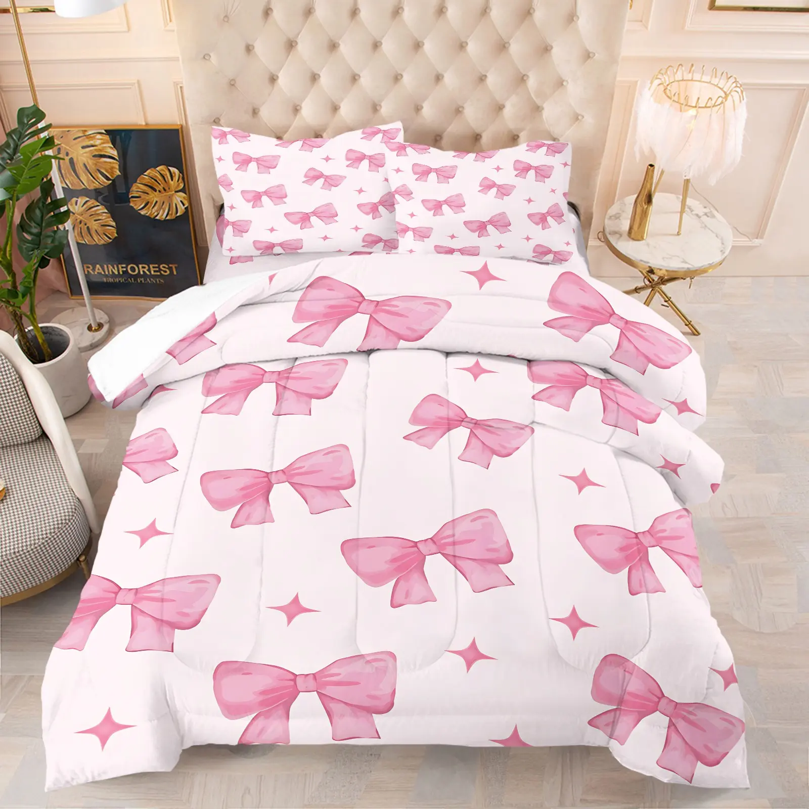 Watercolor Gradient Pink Bow Quilted Comforter Set & 1-2 Coreless Pillowcases, All Over Printed With Pink Bows and Stars, Cute Girly Macaron Style Bedding, Soft Breathable and Suitable for All Seasons, Girls' Bedroom Sweet Princess Style Decor