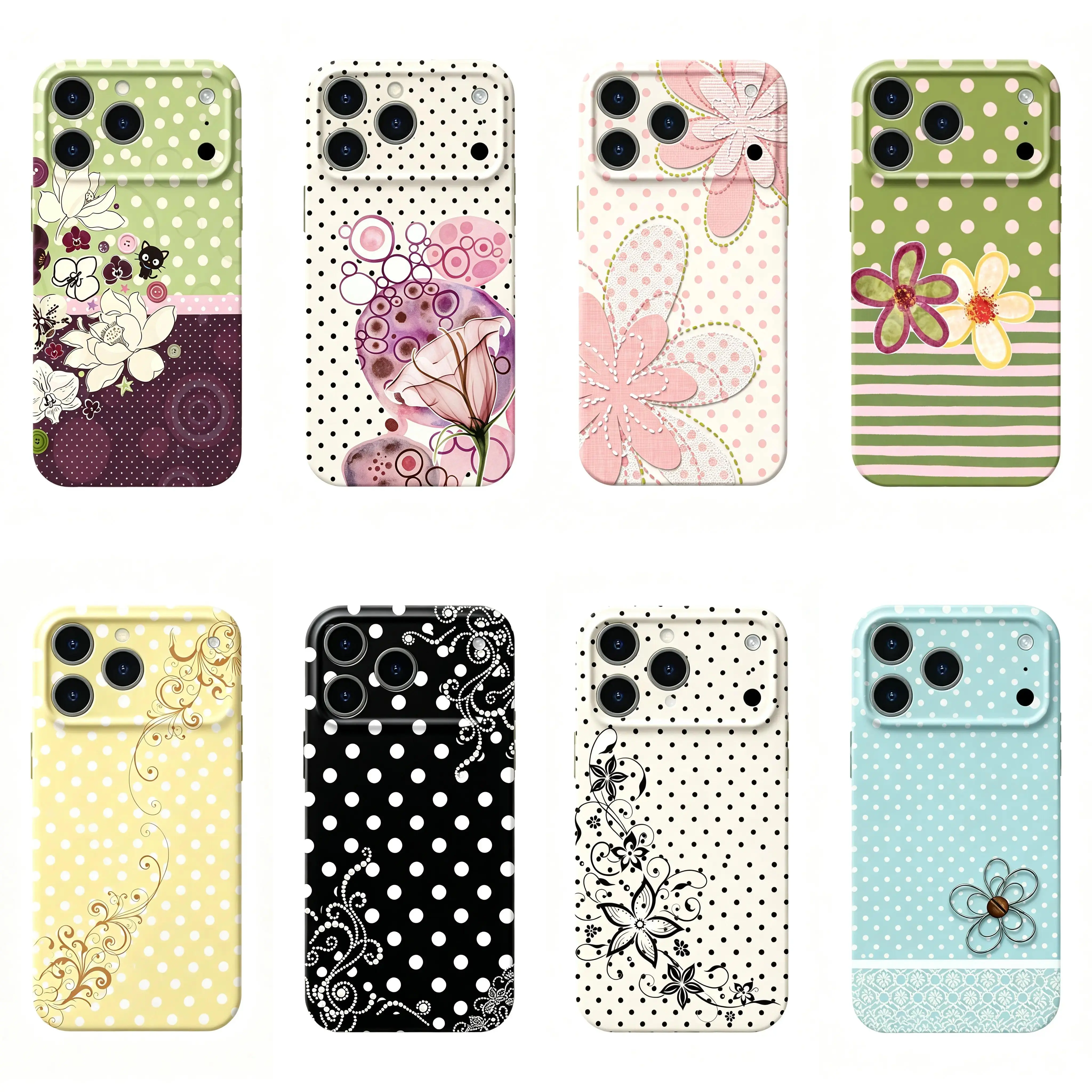 Polka dot phone case, cute Y2K art style, kawaii floralpattern, compatible with iPhone 17/16/15/14/13/12/11 ProMax/Plus and Samsung Galaxy S23FE/22/23/24/25.