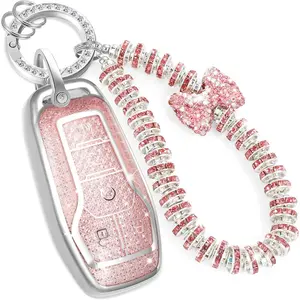 JOKG Leather & Metal 5-Button Car Key Fob Cover with Fashionable Zirconia Wristlet Keychain, Diamond-Patterned Soft Shell for Ford Fusion Mustang F150-350 Edge Explorer & Lincoln Automobiles (Pink, A)