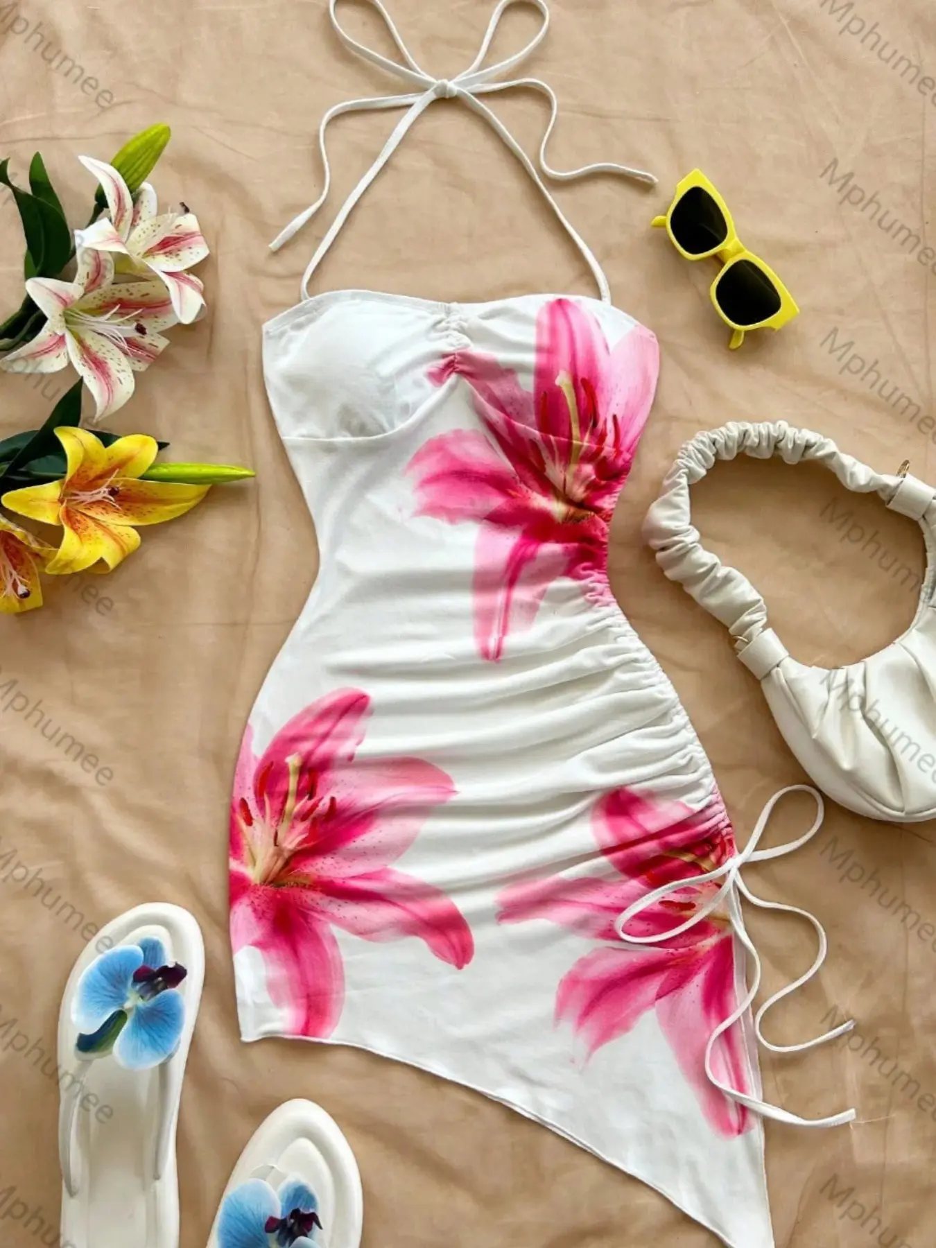 Sweet & Spicy Floral Halter Bodycon Dress, Side Ruched Short Skirt, Stretchy Slim Fit, Perfect for Vacation & Photoshoots