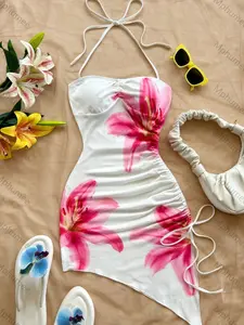 Sweet & Spicy Floral Halter Bodycon Dress, Side Ruched Short Skirt, Stretchy Slim Fit, Perfect for Vacation & Photoshoots