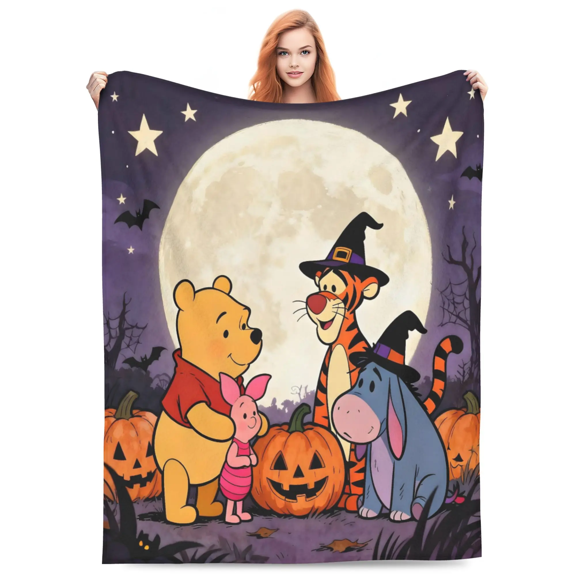 DISNEY CLASSIC Winnie the Pooh Halloween Throw Blanket, Pooh Tigger Piglet Eeyore Witch Hat Full Moon Pumpkin Bat Star Purple Night Scene Print, Soft Flannel Lightweight Cozy Blanket for Sofa Bed Halloween Decor