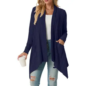 Women's Long Sleeve Lightweight Draped Open Front Casual Cardigan Sweater with Pockets