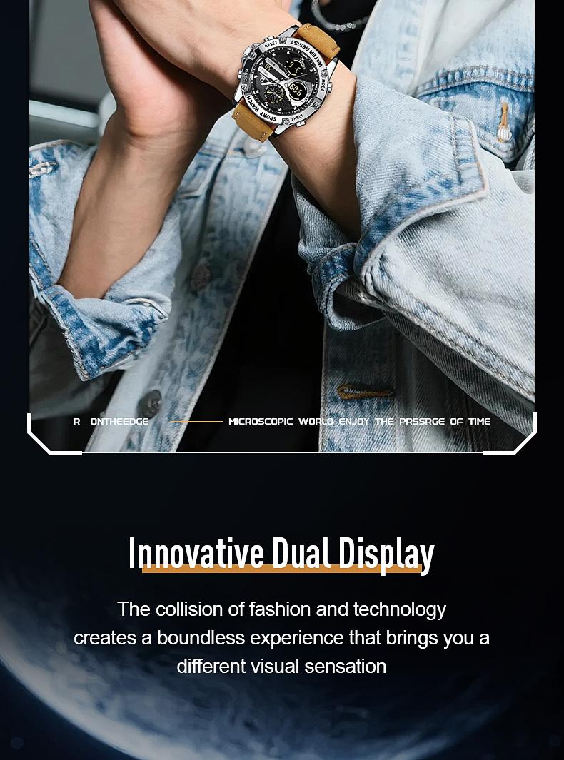 Men's Military Sport Digital Analog Quartz Watch - 50M Waterproof Wristwatch with LED Backlight, Dual Time, Alarm, Stopwatch, Tactical Outdoor Watch for Men, Brown Leather Strap, Perfect Gift for Him