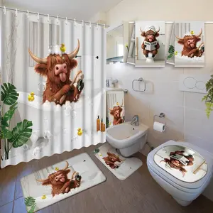 6 Pcs Highland Cow Shower Curtain Set with Rug Bathroom Sets with Shower Curtain Bath Mat U Shaped Mat Toilet Lid Cover 2 Bath Towels and 12 Hooks Highland Cow Bathroom Decor