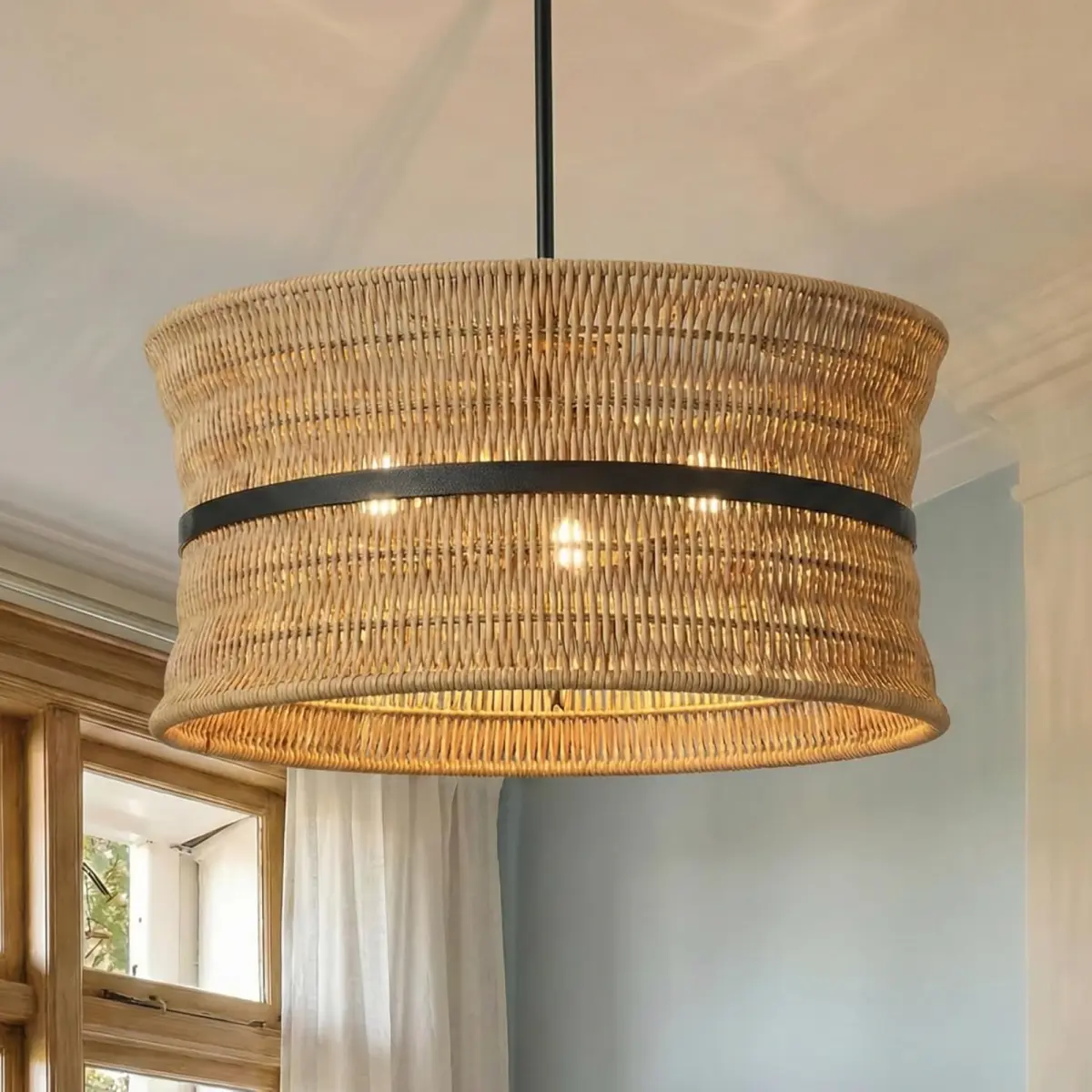 Wicker Boho Chandelier, 4-Light Coastal Rattan Pendant Light, 18" Hand Woven Farmhouse Ceiling Light Fixture for Dining Room, Living Room, Bedroom, Kitchen Island, E12