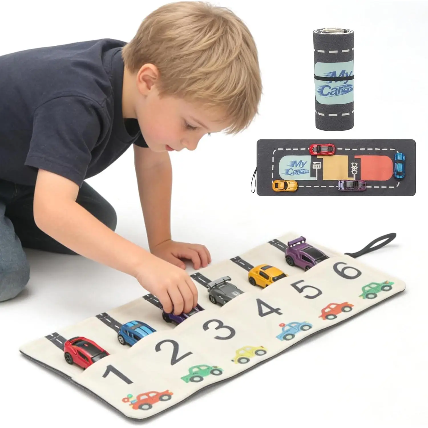 Portable Toy Car Storage Roll and Playmat - Travel Car Carrier Organizer Case for 6 Small Cars - Compatible with Hot Wheels & Matchbox, Toddler Quiet Play Activity Mat for Airplane