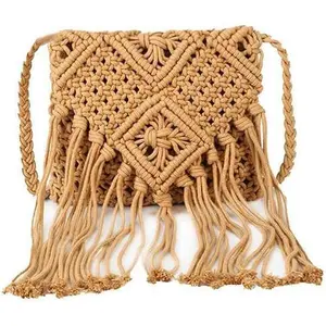Women's Macrame Crossbody Bag Hand-Woven Crochet Shoulder Purse Retro Tassel Flap Summer Beach Boho Sling Bag Vacation Gift for Girls