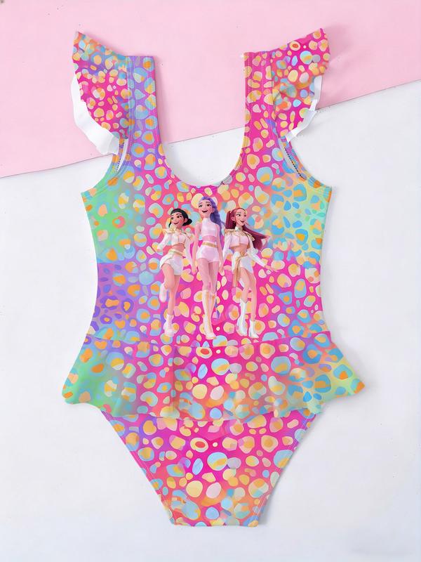 Girls Kpop Demon Hunters One-Piece Swimsuit, Colorful Polka Dot Group Image Print, Ruffled Sleeveless Swimwear, Summer Beach Wear