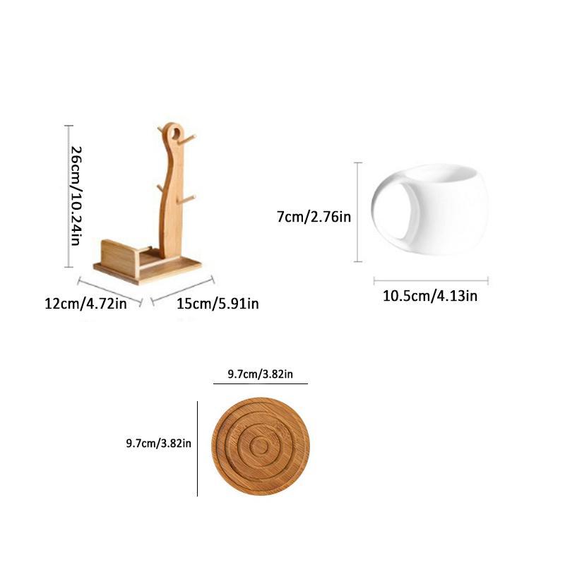 Ceramic Coffee Cup Set with Wooden Stand, 1 Set Including 6 Counts Coffee Cups & 1 Count Wooden Stand & 6 Counts Saucer, Drinkware for Home Office, Coffee Shop Cups