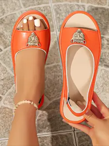 Rhinestone leopard platform sandals, elastic slingback wedge heels, comfy & versatile for daily wear.